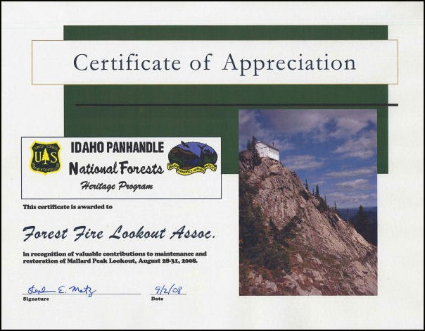 Certificate awarded for Mallard Peak restoration