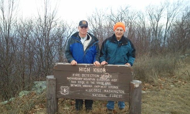 Former USFS rangers Bill Woodland and Charlie Huppuch at top of High Knob in December 2013