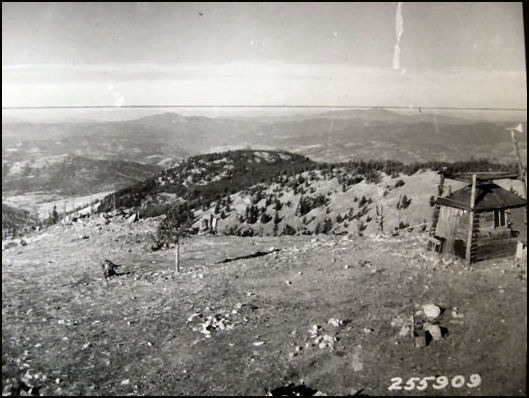 1930 photo:  The tin roof from a shack at the old Chesaw was put on this lookout around 1930.
