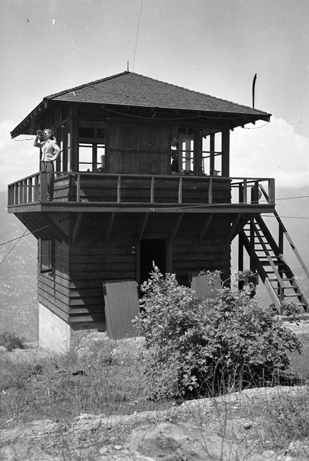 Rose Vaughn on the original lookout structure - 1943