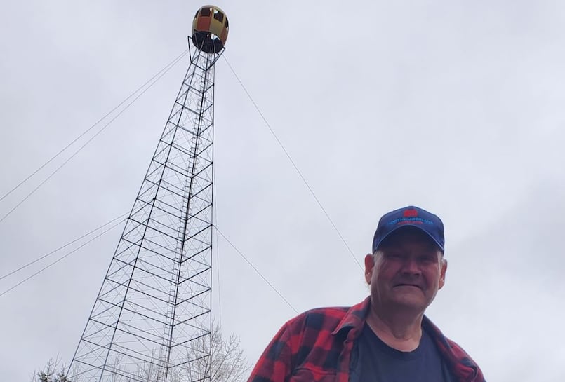 Owner Alvin Stewart with Blackville Fire Tower, 2021 photo by Shane Fowler, CBC News
