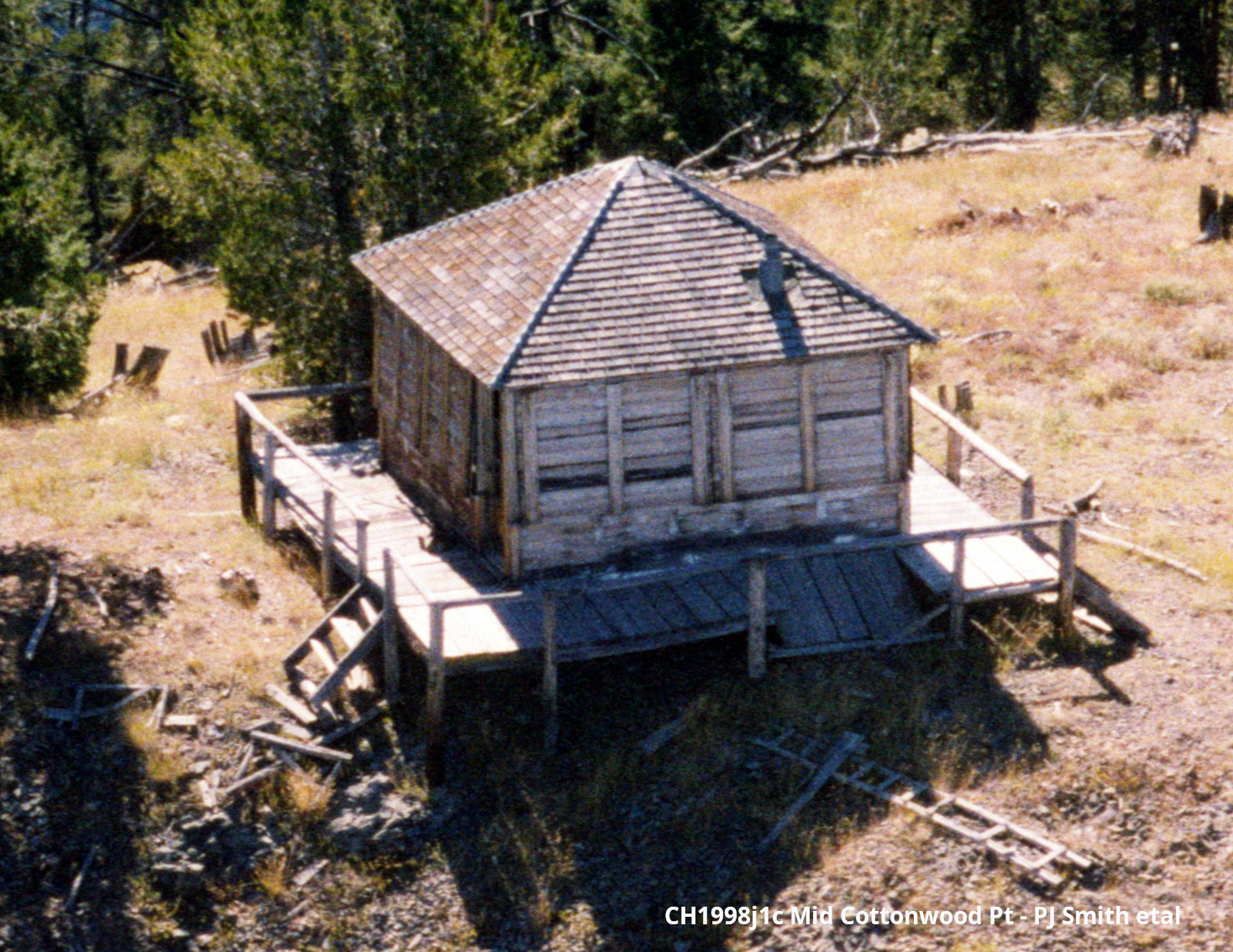 The photo was taken by me with my own camera on Sept.30, 1998 from a USFS helicopter on a flight to document the lookouts on the then Challis National Forest. Flight was set up by Fire Mgt. Officer Doug Baker. Jill McCurdy was the videographer, Dave Labelle was navigator, Jim Reid was the pilot. Nineteen lookouts or sites were documented. Since they were taken from a moving helicopter, some photos are not perfectly focused.